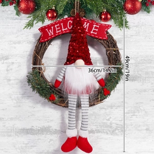 Detailed size view of Christmas Gnome wreath with Welcome banner and pine berry accents