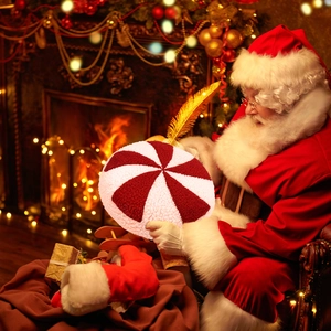 Cozy red and white peppermint candy plush pillow held by Santa by a warm fireplace