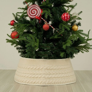 Cable Knit Christmas Tree Collar Cream White Polyester Tree Skirt For Standard Trees Holiday Home Decor Ornaments