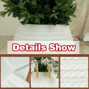 White knitted Christmas tree skirt with thick cable knit texture and wooden clip fasteners