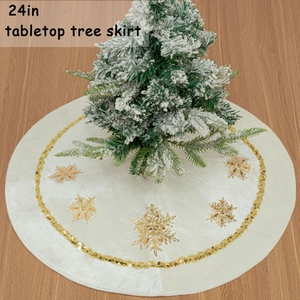 24 inch white plush Christmas tree skirt with gold glitter snowflakes for tabletop trees