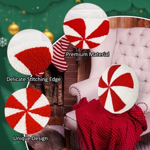 Christmas peppermint plush pillow with red and white candy swirl pattern in festive room