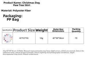 Detailed chart for white dog paw print Christmas tree skirt with fabric and size info