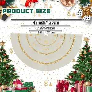 Three sizes of white Christmas tree skirts with gold snowflake embroidery and sequins