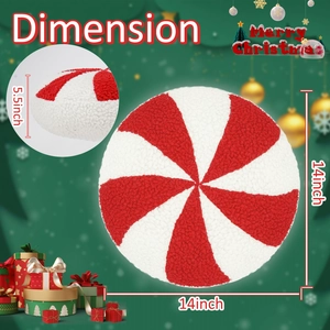 Detail showing 14-inch round peppermint plush pillow with red and white spiral stripes