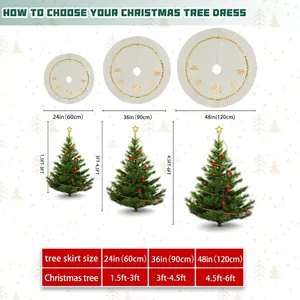 Size guide for white plush Christmas tree skirt with gold sequins and snowflake embroidery