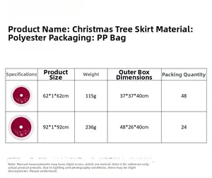 Detailed size chart for red polyester Christmas tree skirt with white faux fur and snowflakes