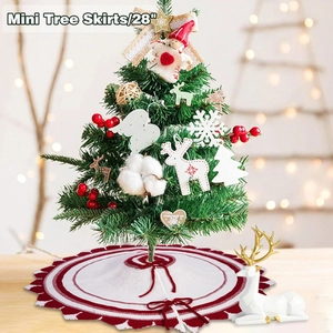 Detailed knit of 28 inch white Christmas tree skirt with red zig zag edge