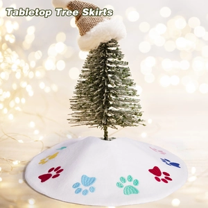 Tabletop Christmas Tree Skirt White Plush Colorful Pet Paw Print Embroidery Small Tree Holiday Home Decor