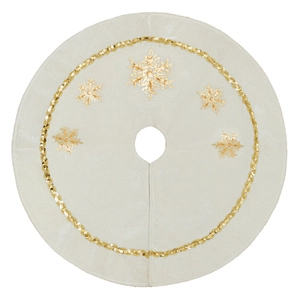 White Christmas tree skirt with gold sequin snowflakes on soft plush fabric