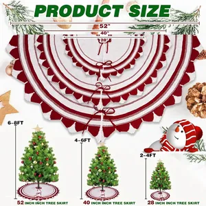 Three sizes of red and white knitted Christmas tree skirts displayed on a wooden surface