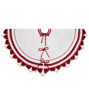 28 inch red and white knitted Christmas tree skirt with festive bow ties and wavy edges