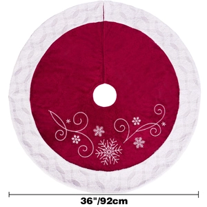 36-inch red velvet Christmas tree skirt with white lace border and snowflake embroidery