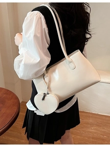 Retro cream white leather large shoulder bag with heart pendant and brand logo for women