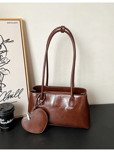 Vintage brown faux leather shoulder tote bag with heart charm and slim double handles