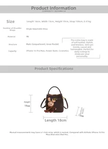 Detailed size chart of vintage brown PU bucket bag with plush bear charm accessory