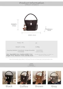 Detailed size chart and multi-color display of retro PU leather bucket bag with doll charm