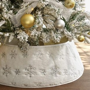 Detail of white faux fur Christmas tree collar with sparkling silver sequin snowflakes