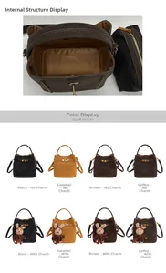 Detailed view of bucket bag interior with removable pouch and multi-color options