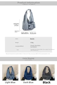 Detailed dimensions and color options for the denim hobo shoulder bag with front pocket