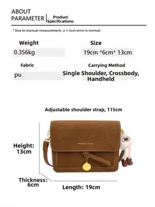Detailed dimensions of the brown PU leather square crossbody bag with adjustable strap