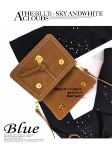 Detailed view of caramel square bag with magnetic closure and textured gold hardware