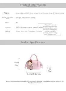 Detail of pink PU leather tote with dimensions 22x10x14cm and adjustable strap