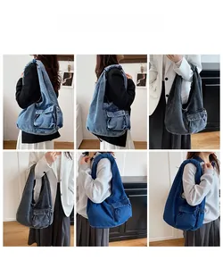 Three colors of vintage denim tote bags shown in lifestyle shots with large side pockets