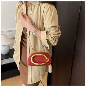 Detail of red acrylic evening bag with textured finish and golden horseshoe buckle