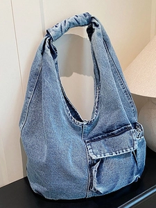 Women Large Capacity Denim Tote Bag Washed Jean Shoulder Bag Vintage Casual Workwear Hobo Bag With Pockets For Daily Use