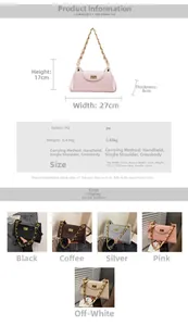 Detail view of stylish PU leather chain bag dimensions and five available color options