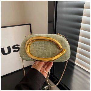 Luxury Woven Acrylic Evening Bag With Large Gold Metal C-Shaped Handle And Chain Strap Crossbody Clutch For Women Wedding Party