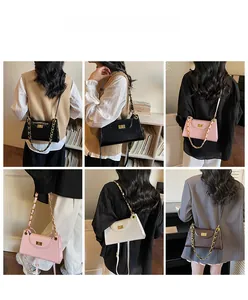 Detailed views of the stylish chain flap bag showing multiple wearing styles and colors