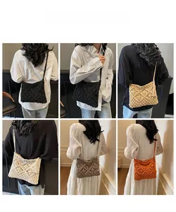 Detailed views of handmade woven crossbody bags with bohemian tassels in multiple colors