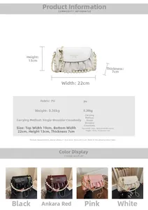 Detailed size guide and four color options for the ruched PU handbag with pearl chain