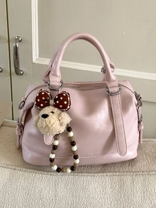 Vintage PU Leather Boston Bag For Women Large Capacity Shoulder Crossbody Bag With Plush Bear Charm Daily Travel Tote Handbag