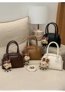 Litchi pattern faux leather baguette bags with cute bear charms in four neutral colors