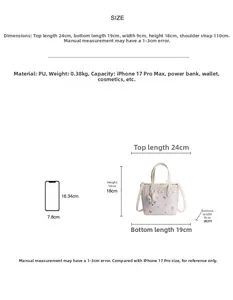 Tableau détaillé des tailles du sac seau avec comparaison de taille iPhone 17 Pro