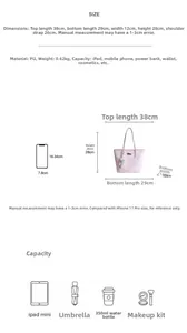 Detailed size chart and capacity guide for cartoon print tote bag in PU leather