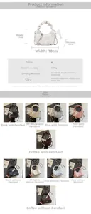 Detailed view of dumpling bag size 18x11x10cm with pleated handle and lace pearl charm