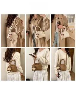 Collage of fashion crossbody Boston bag styled with plush bear charm and beaded strap