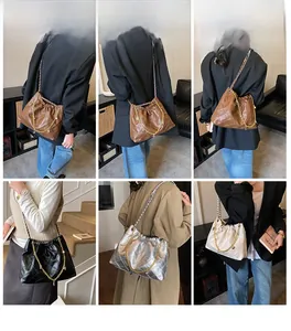 Collage showing stylish quilted tote bags with chain straps in four neutral colors