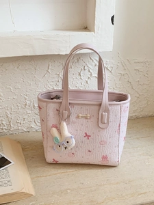 Sac fourre-tout rose vintage avec imprimés nœuds animaux et charm lapin peluche