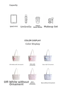 Detail view of large floral tote bags in cream, pink, and blue showing storage capacity