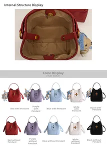 Detailed view of bucket bag interior structure and five color options with bear charm