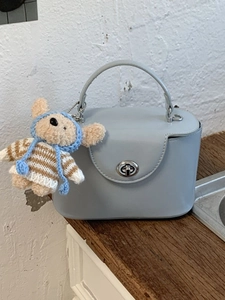 Women Stylish PU Leather Crossbody Box Bag Fashion Handbag With Plush Bear Pendant Twist Lock Shoulder Bag For Daily Travel