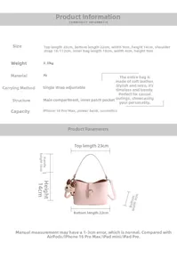 Detaillierte Größentabelle der rosa PU-Handtasche mit Abmessungen und Innenbeutel-Infos
