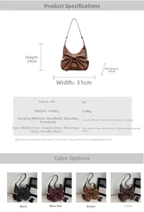 Detailed size chart and four color options for the hobo bag with oversized bow decoration
