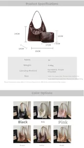 Detailed dimensions and colors of a minimalist PU leather tote bag with inner pouch