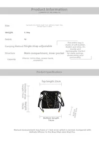 Detailed size chart for vintage black PU leather bucket bag with chain strap specs